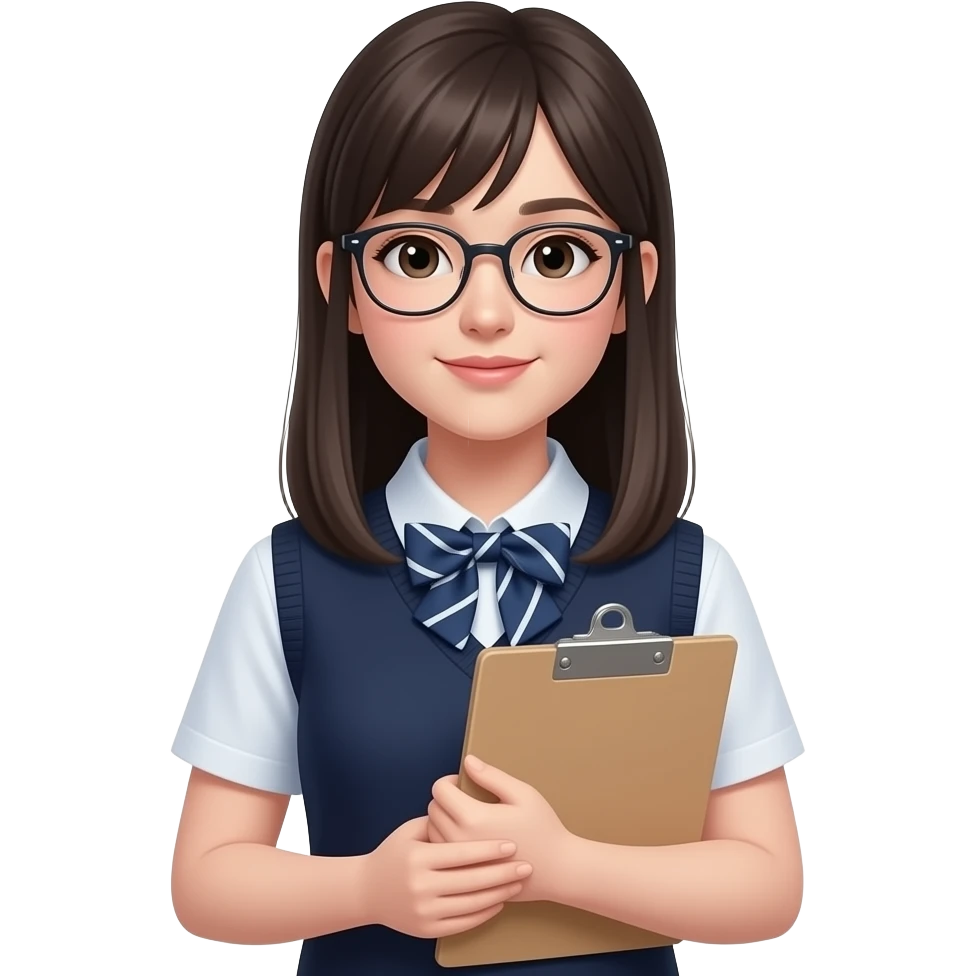 A female student with straight hair, a look like a student council president, wearing trendy thin-rimmed glasses, a perfectly buttoned school uniform shirt, and carrying a document folder close to her chest. emoji