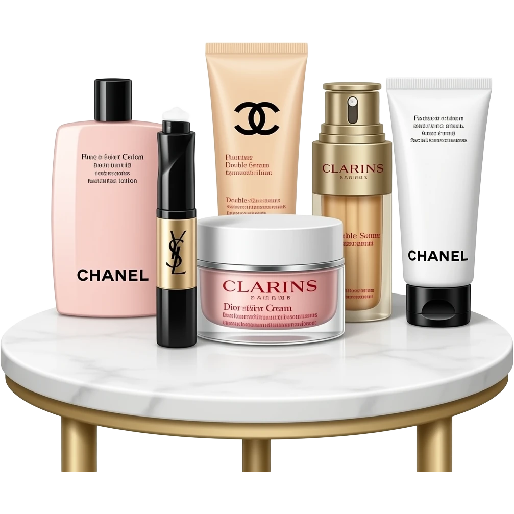 Next to them are a face mask, Chanel Pink Lotion, YSL eye cream, Dior face cream, Clarins Double Serum, and Chanel facial cleanser emoji