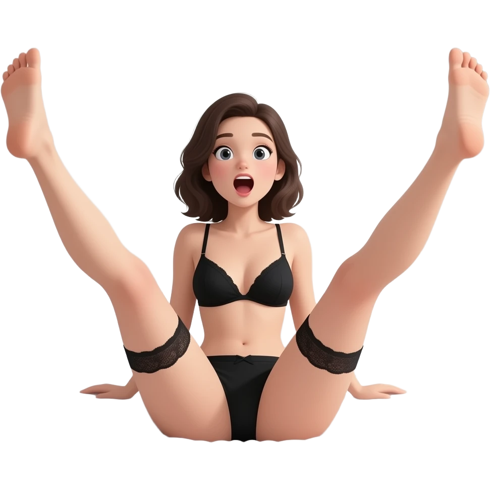 een vrouw op bed, zwarte lingerie, liggend, benen uit elkaar en omhoog, ogen en mond open emoji