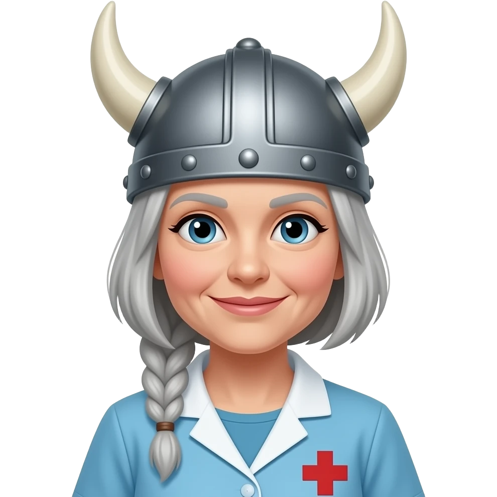 Viking helmet older gray braids and cropped older woman cropped hair nurse emoji