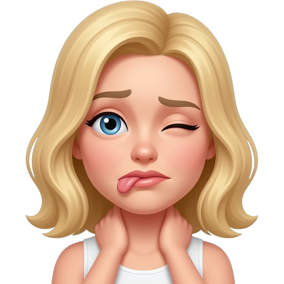 Hands crossing over around next with one eye open and one eye squinting female blond and sad mouth and tongue sticking out emoji