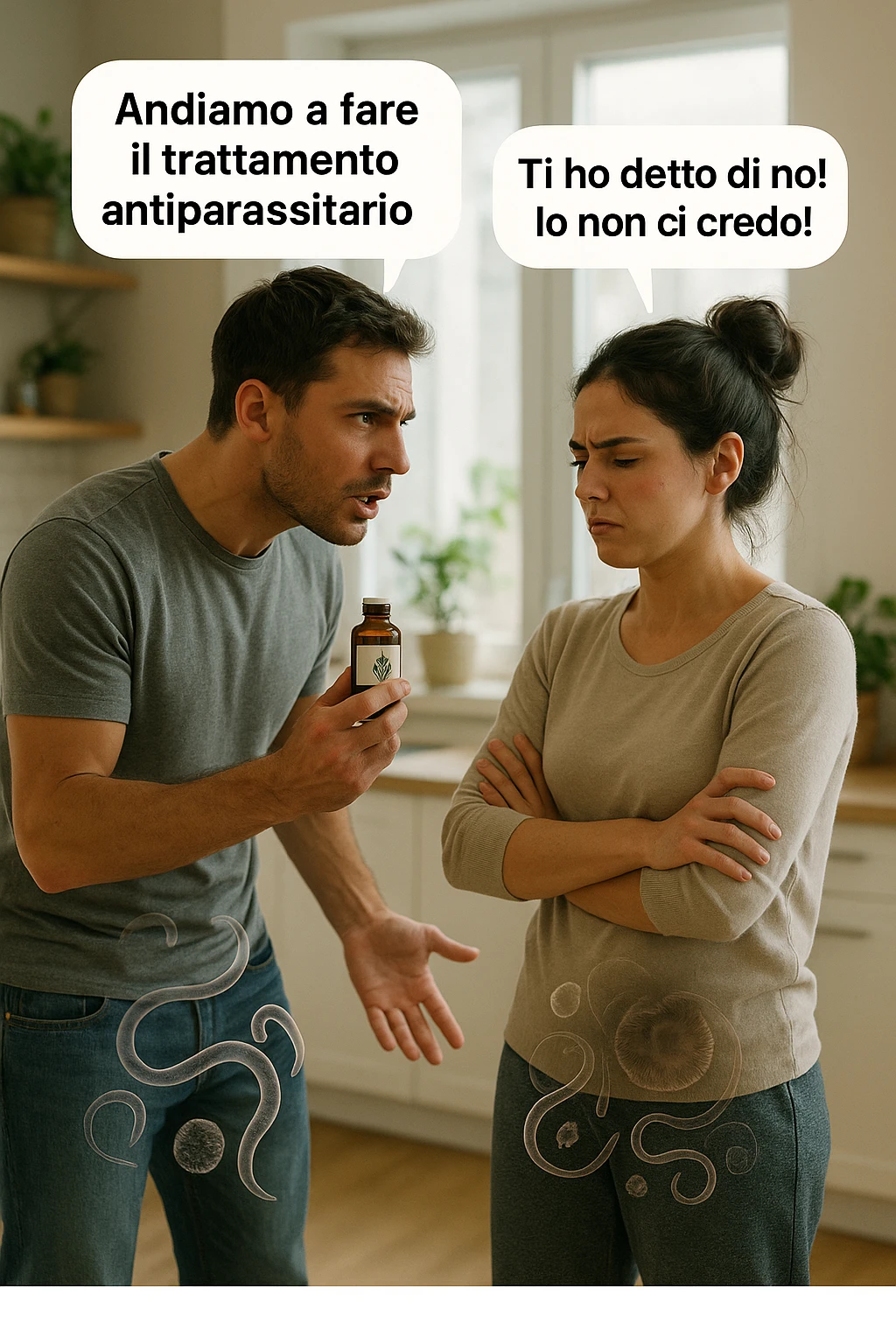 A highly realistic, cinematic photo of a young couple in their early 30s having an argument in a bright modern kitchen. The man, athletic build, wearing a casual T-shirt and jeans, is speaking firmly with a raised hand holding a small amber glass bottle labeled with a subtle herbal symbol, saying 'Andiamo a fare il trattamento antiparassitario' with a determined expression. The woman, with long dark hair tied in a messy bun, casual home outfit, crosses her arms with an angry, defensive expression, replying 'Ti ho detto di no! Io non ci credo!' while slightly turning away. Tension is visible in their body language, with the man leaning forward trying to explain and the woman leaning back, her eyebrows furrowed. Around them, subtle ghostly overlays of microscopic parasites are faintly visible near their abdominal areas, symbolizing the hidden reason for the argument. The kitchen is bright and modern with plants and natural light, contrasting the emotional tension. The style is hyperrealistic with warm tones and shallow depth of field focusing on their facial expressions, illustrating the conflict between belief in natural treatments and skepticism within the couple regarding hidden parasitic infections. in italiano emoji
