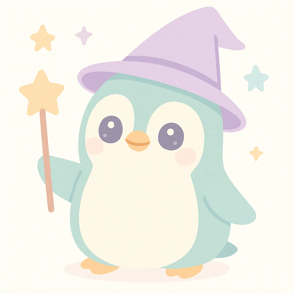 a penguin dressed as a wizard, with a pointy hat and a magic staff, whimsical style emoji