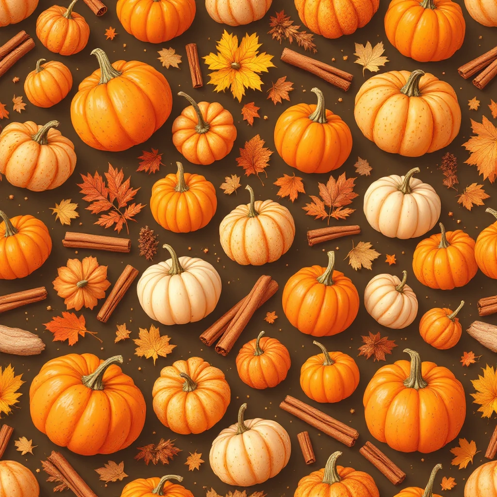 seamless pattern of pumpkins and pumpkin spice, warm orange and cinnamon tones, cozy autumn vibes, soft texture, vector style, high resolution emoji