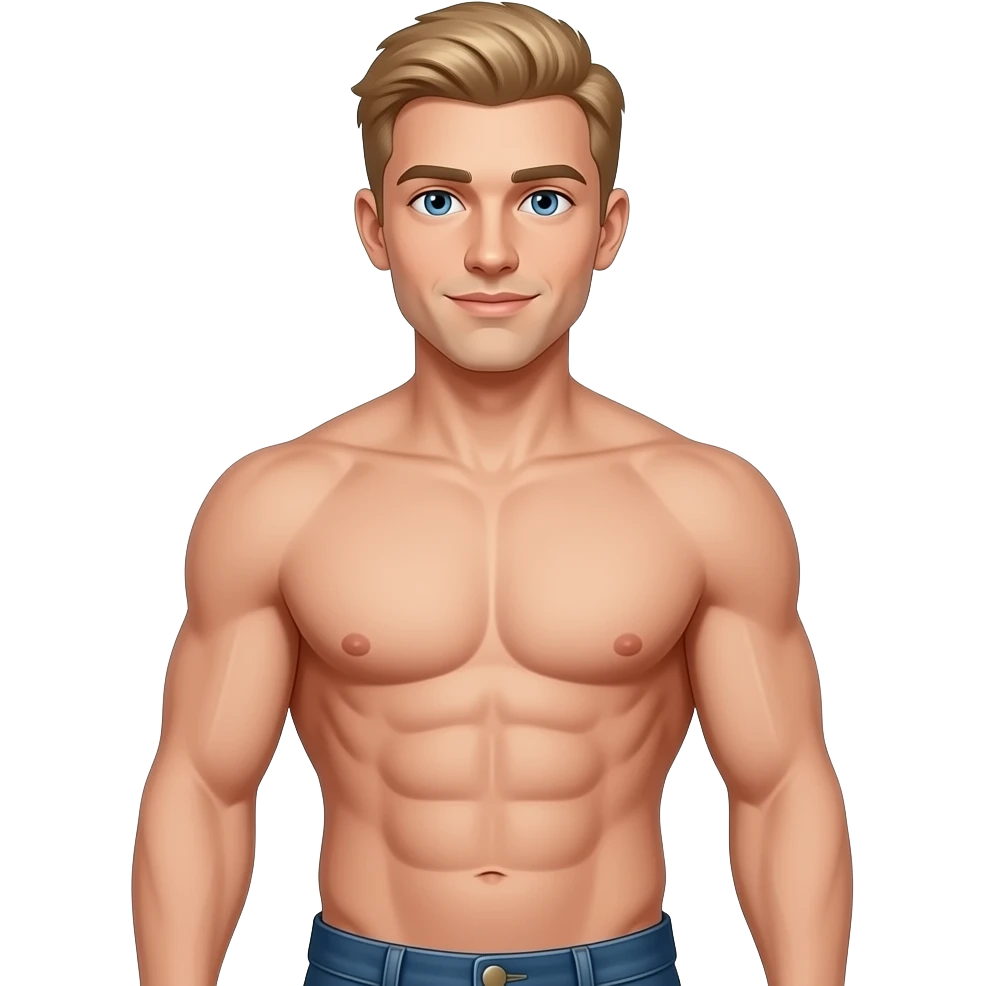A muscular shirtless white man blue eyes blonde hair showing 6-pack emoji