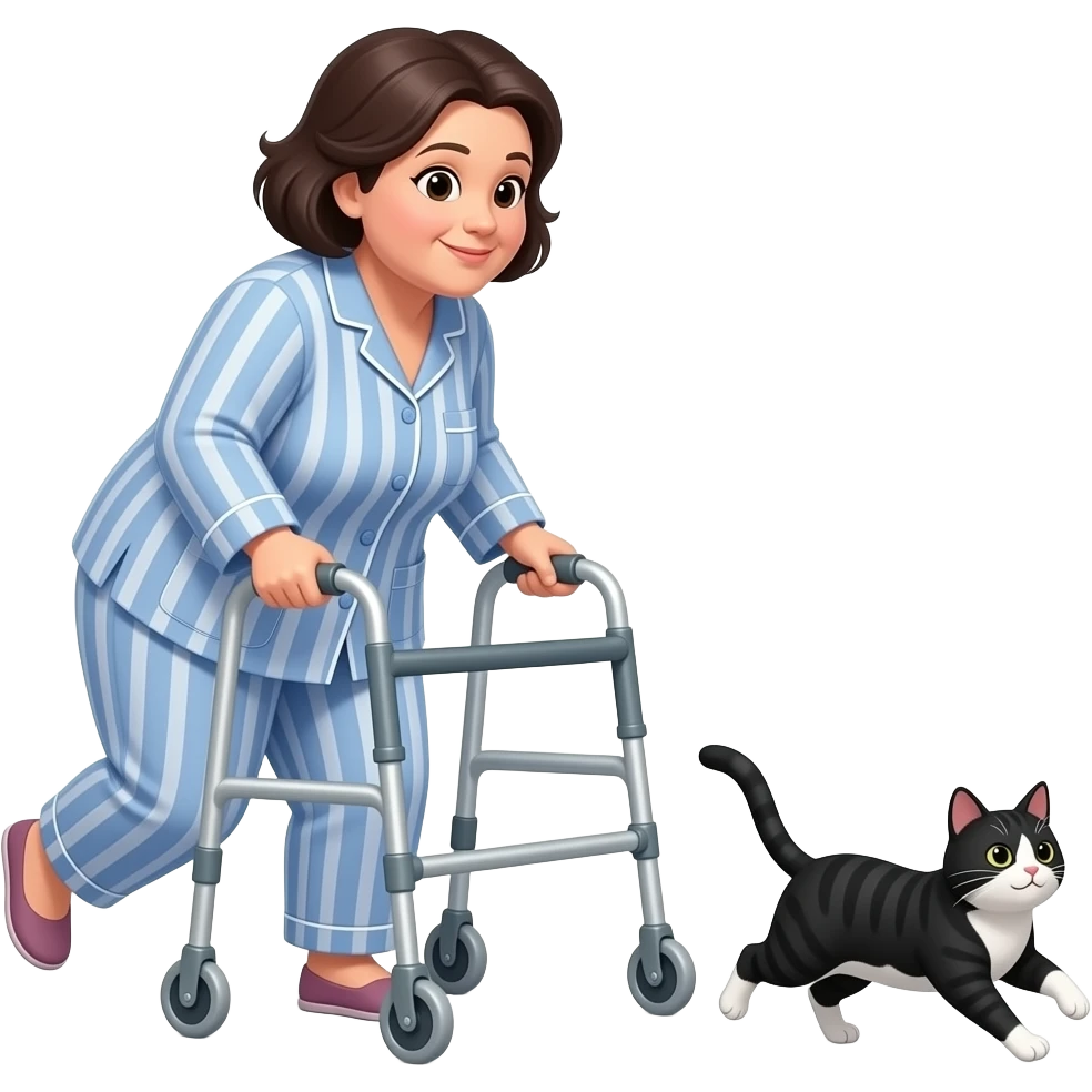 Middle aged, heavy set dark hair woman in pajamas using walker chasing a black and white tabby cat emoji