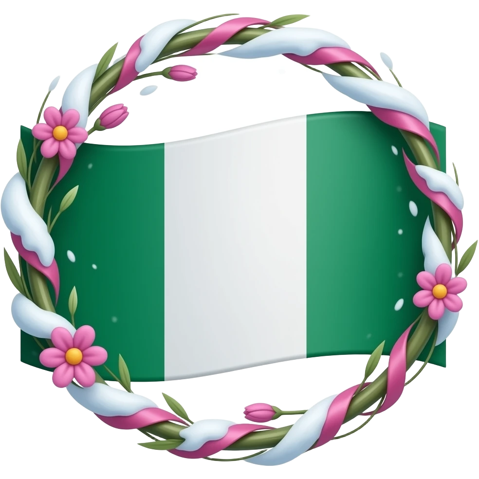Lots of pink and white vines, wind swirls, snow, and flowers wrapped around the Nigeria flag emoji