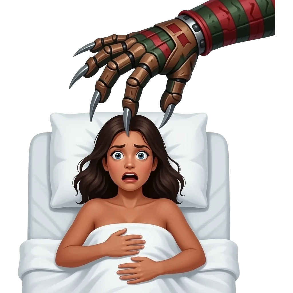 top view of a deeply tanned naked woman lying in bed clutching the bed sheets looking at the camera and is terrified by a dream of a giant freddy krueger's glove with long knife blade on each fingertip reaching down directly above her head emoji