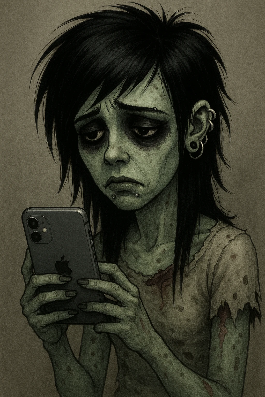 zombie girl with black emo hairstyle, heavy eyeliner, piercings, pale greenish skin, sad expression, using an iPhone emoji