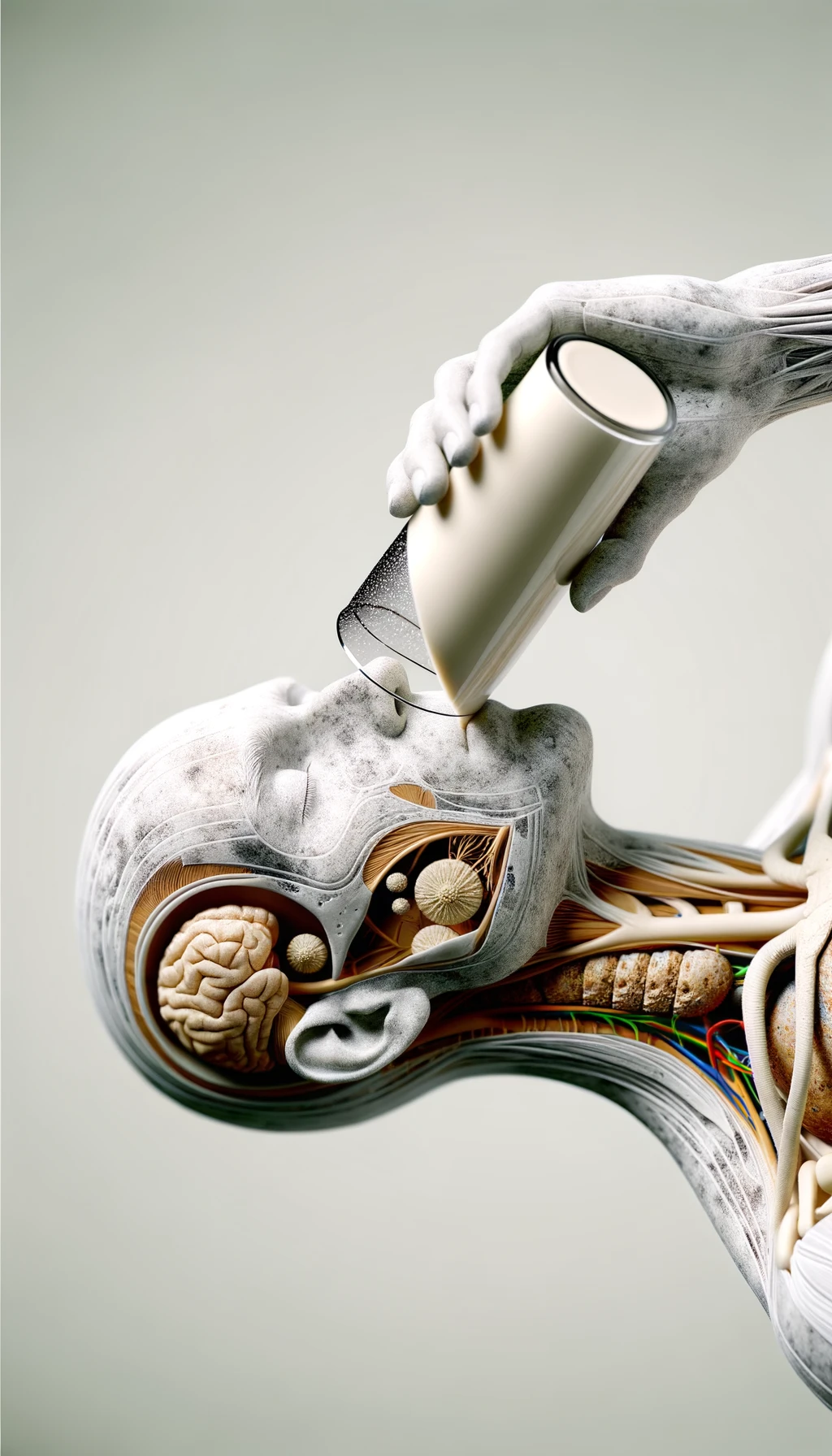 CORPO UMANO ANATOMICO CON OCCHI CHIUSI MENTRE BEVE UNO SHAKER PROTEICO, ORGANI IN EVIDENZA, IPERREALISTICO SFONDO CHIARO NEUTRO emoji
