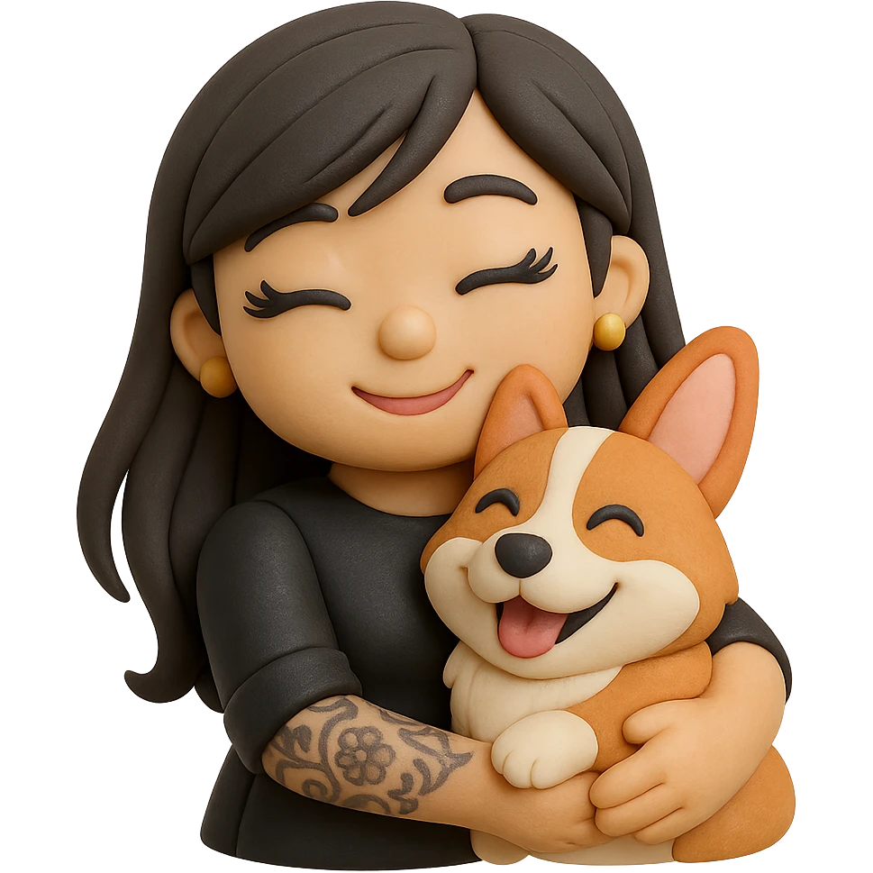 fondant cake art style emoji of an Asian girl with long hair and wispy deep side bangs, wearing a black leather dress, gold earrings, false lashes, and a 3/4 sleeve tattoo on her left arm, hugging a happy red head tri-color corgi, simplified, clear, emoji-like emoji