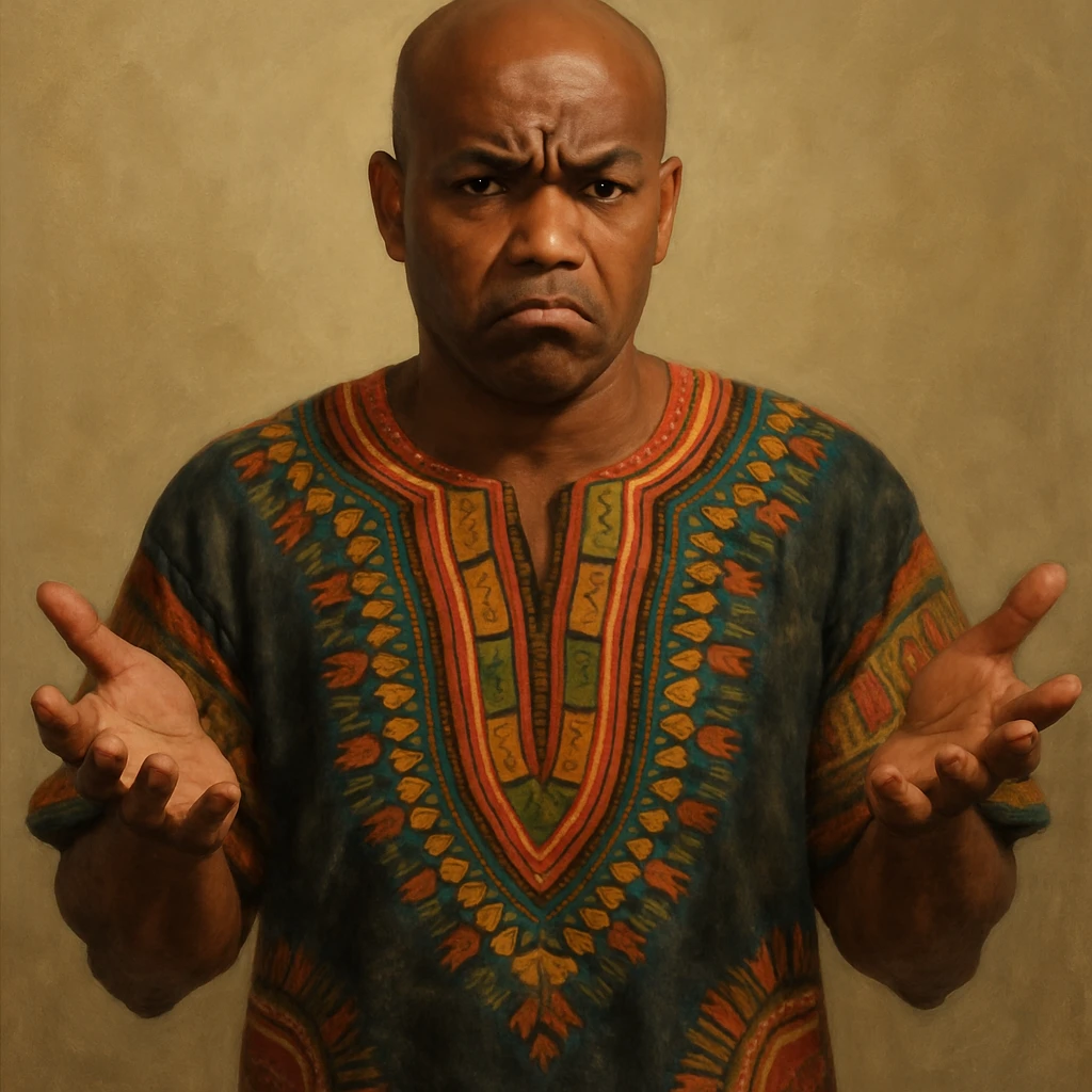 Сгенерируй мне афроамериканца в национальном африканском костюме, лысого,  . Строго в анфас. Его лицо чуточку недовольно, а руками он размахивает и разводит в сторону. На однородном фоне. В стиле реалистичной живописи. Он полностью помещается в экран и не обрезается краями изображения emoji