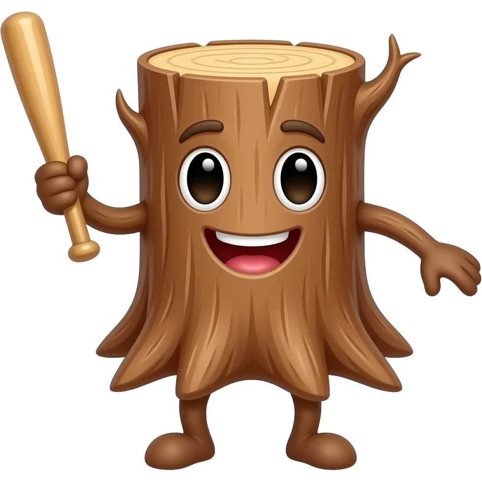 A log with a face, arms and legs, holding a bat emoji