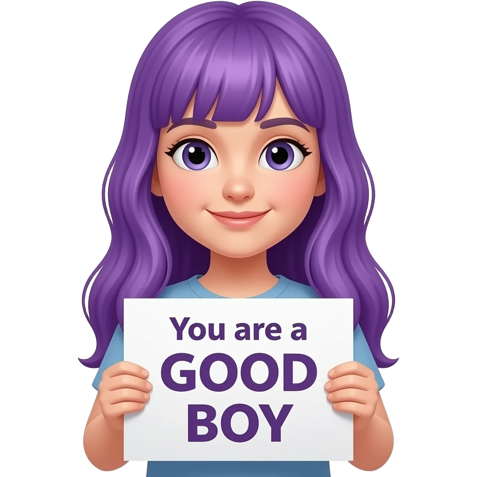 girl with long purple hair holding a You are a GOOD BOY sign emoji