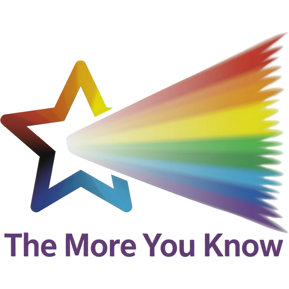 The more you know logo with a rainbow colored star outline and rainbow streak off to the right side widening with purple letters saying the more you know emoji