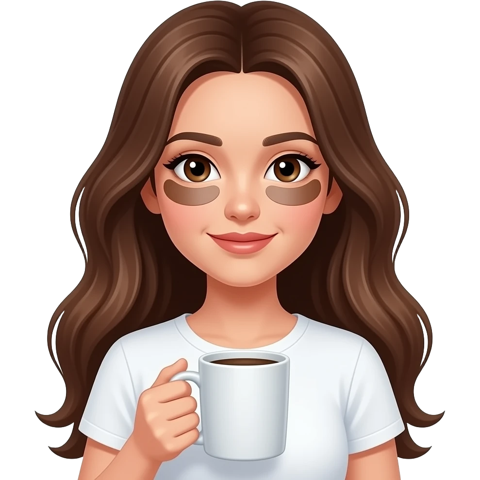 chica de piel blanca, morena de pelo, con el pelo suelto pero que se le vea bien la cara  y que tenga unos parches de contorno de ojos que se colocan bajo los ojos, sobre las ojeras negros puestos en la cara y que esté sujetando una taza de cafe. tiene que cubrir toda la ojera. camiseta blanca emoji