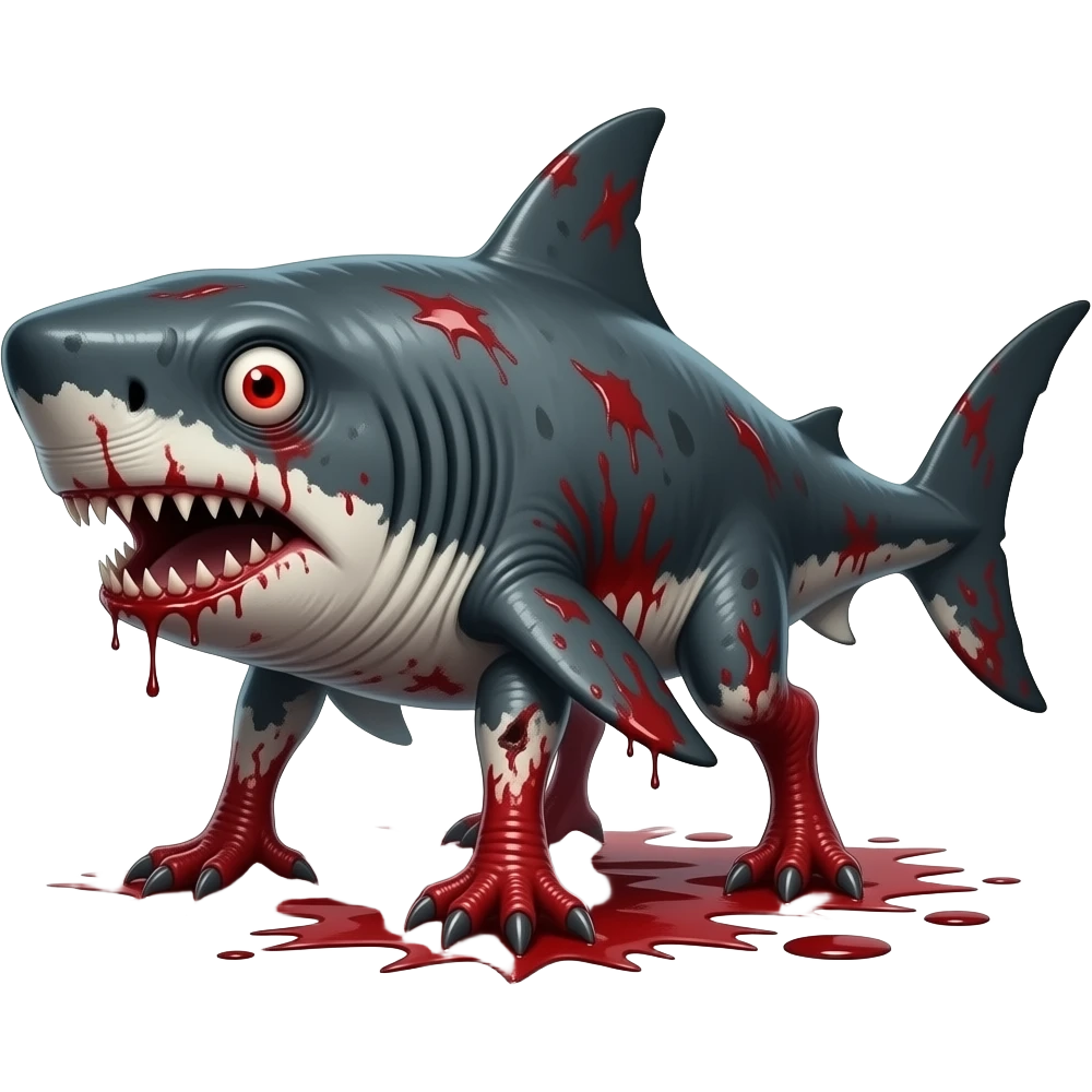 Horror looking megladon with red eyes and big  and blood on it with red colored legs and red megladon  covered with blood with white eyes make him look super  duper scary spooky horror emoji