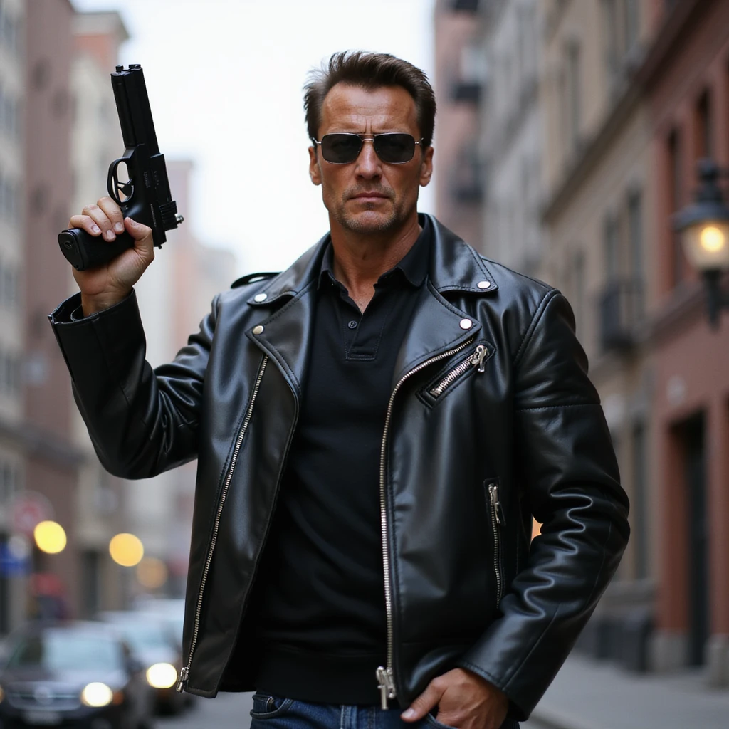 realistic style, full-body Terminator (Arnold Schwarzenegger) in leather jacket, holding a gun raised, urban background emoji