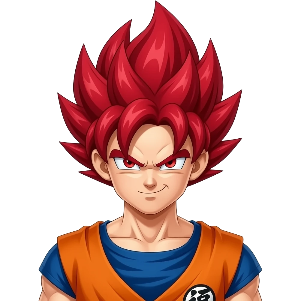 Goku super saiyan god with red hair and red eyes   and a calm look emoji