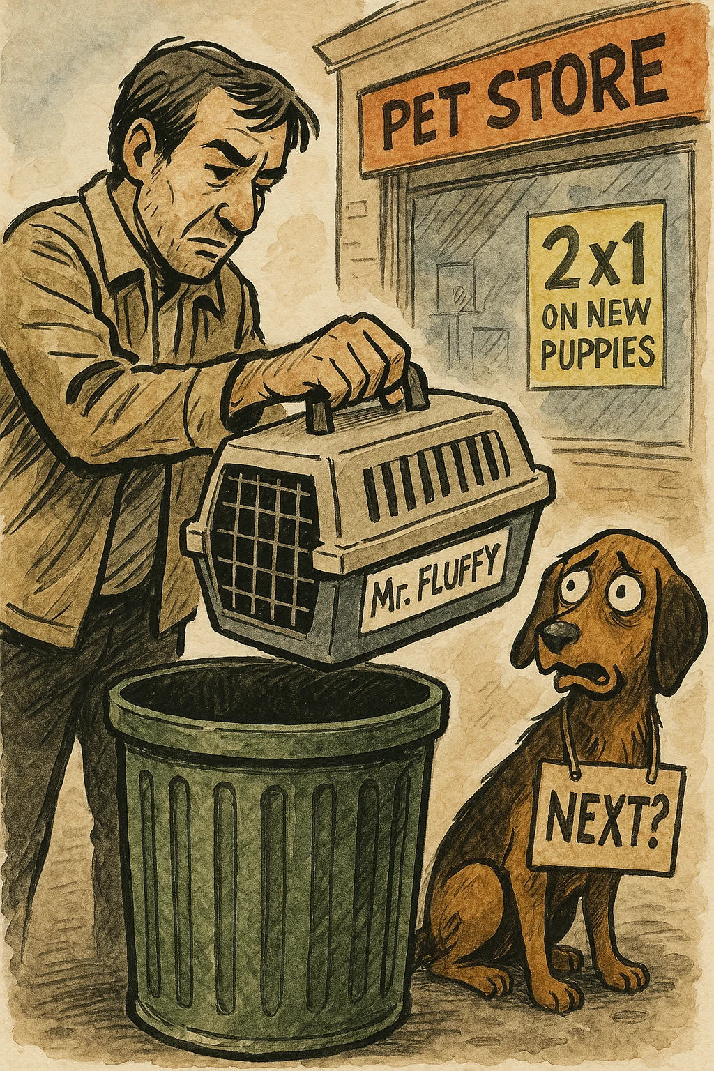 "Primo piano dell'uomo che butta il cesto del gatto (con ancora la scritta 'Mr. Fluffy') nel cassonetto, mentre il cane lo guarda terrorizzato con un cartello al collo: 'PROSSIMO?'. Sullo sfondo, un negozio di animali con l'insegna '2x1 su nuovi cuccioli'. Stile illustrazione editoriale, inchiostro e acquerello." emoji