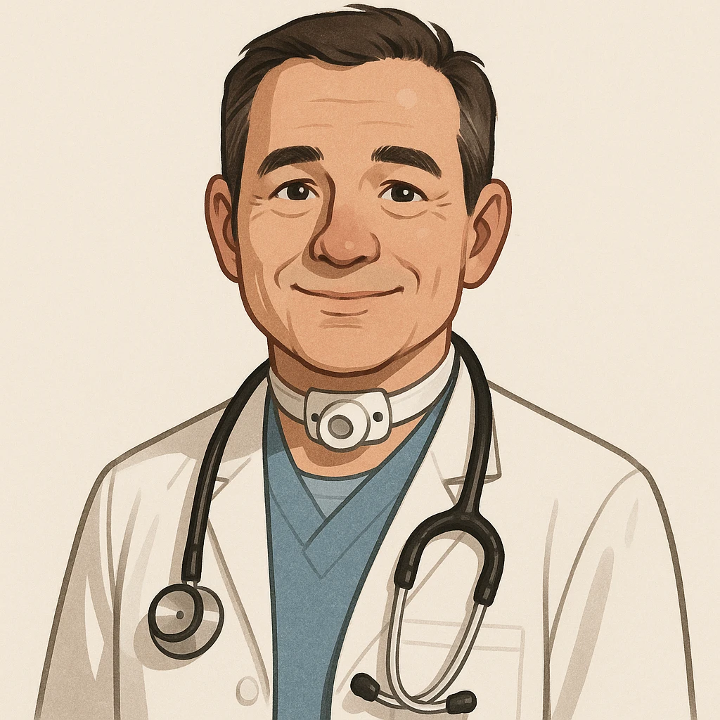 doctor character, tracheostomy tube in neck, stethoscope, friendly expression, clean background, digital art style emoji