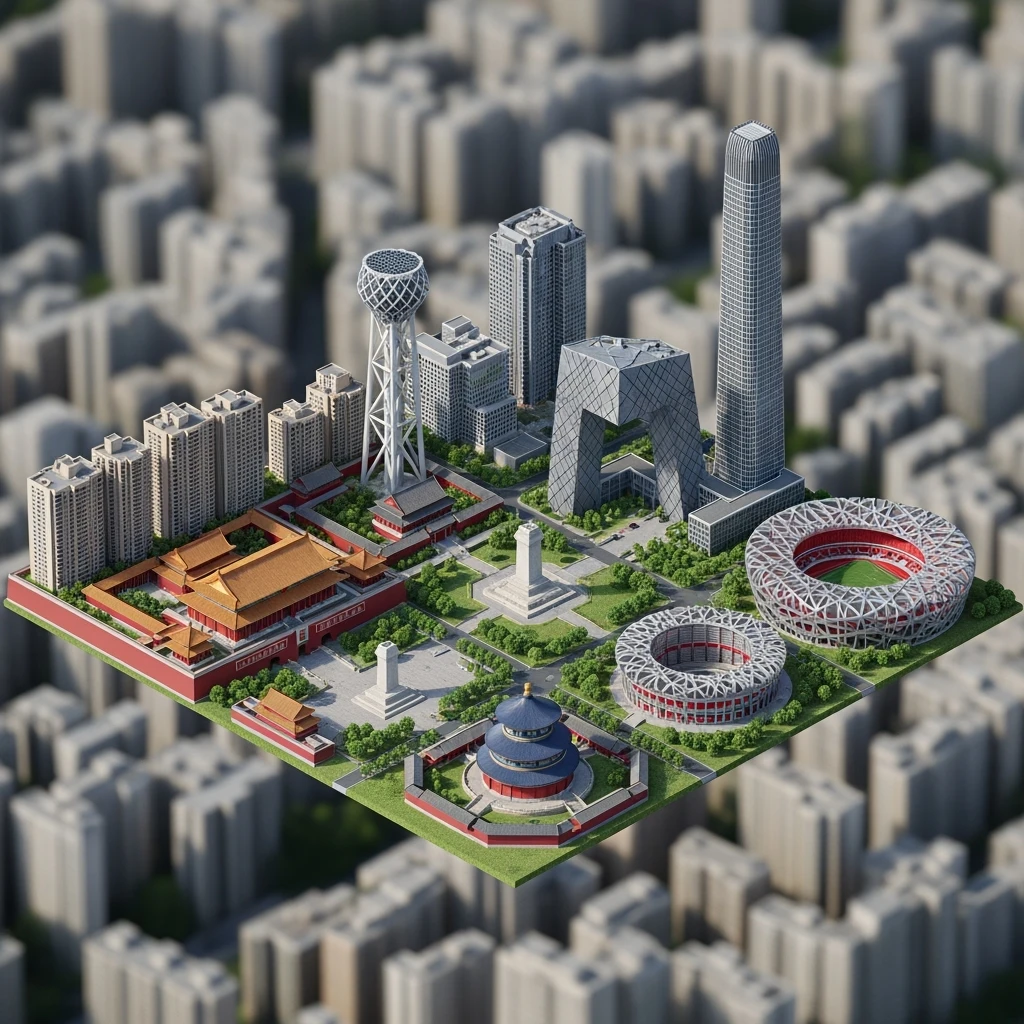 Isometric miniature of Beijing Forbidden City, Tiananmen Square, CCTV Headquarters, Temple of Heaven, China Zun skyscraper, Bird’s Nest Stadium, Beijing apartment blocks, 3D miniature effect and Tilt Shift effect, no cartoonish look, transparent background, don't cut angles emoji