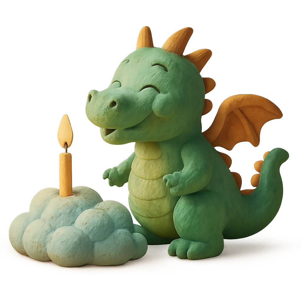 happy dragon blowing out 1 candle on cloud cake, claymation style emoji