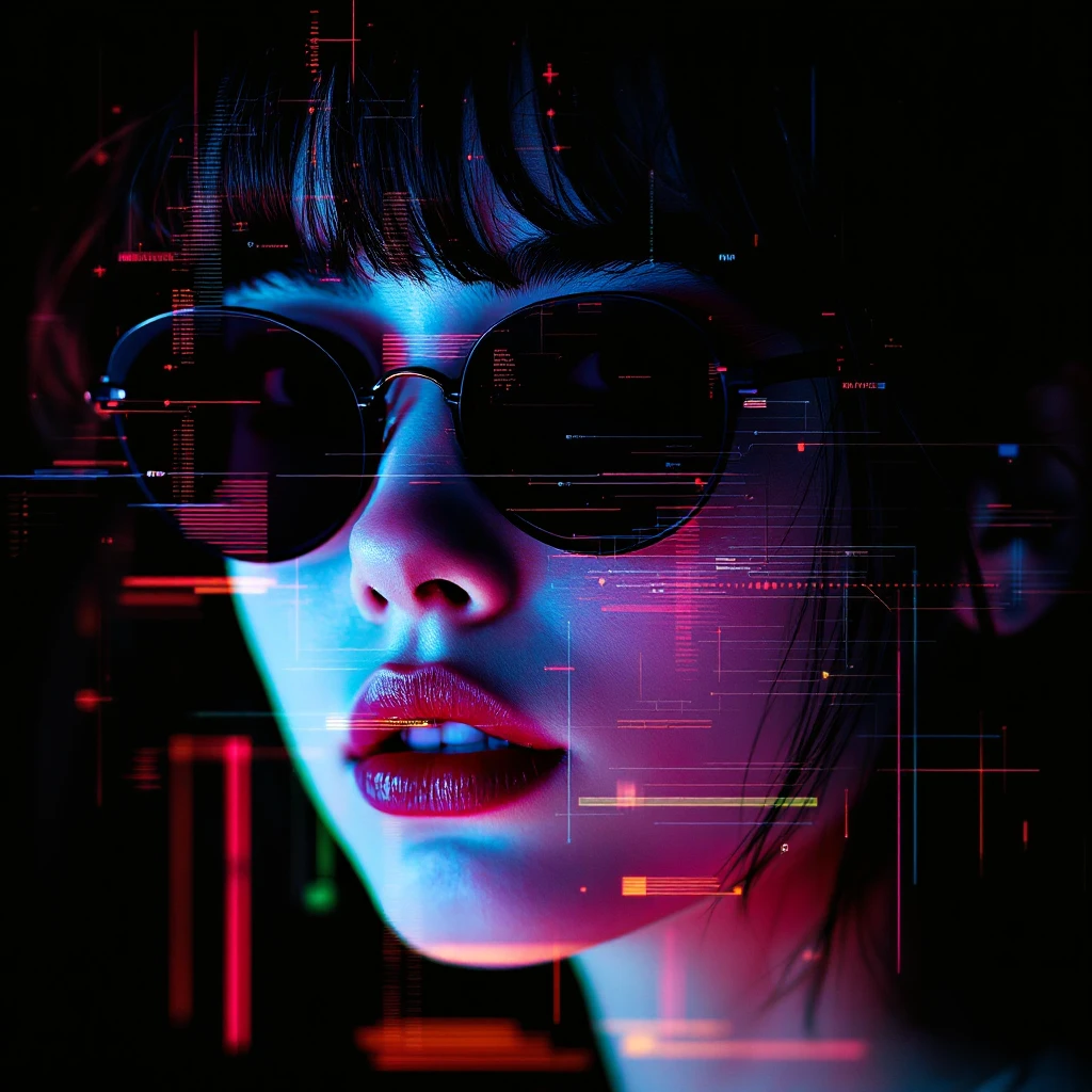 cyberwave glitch digital microscanner projection of a portrait of an anime girl wearing dark shades, cyber hologram, abstract, experimental glitchy brutalist graphicwave emoji