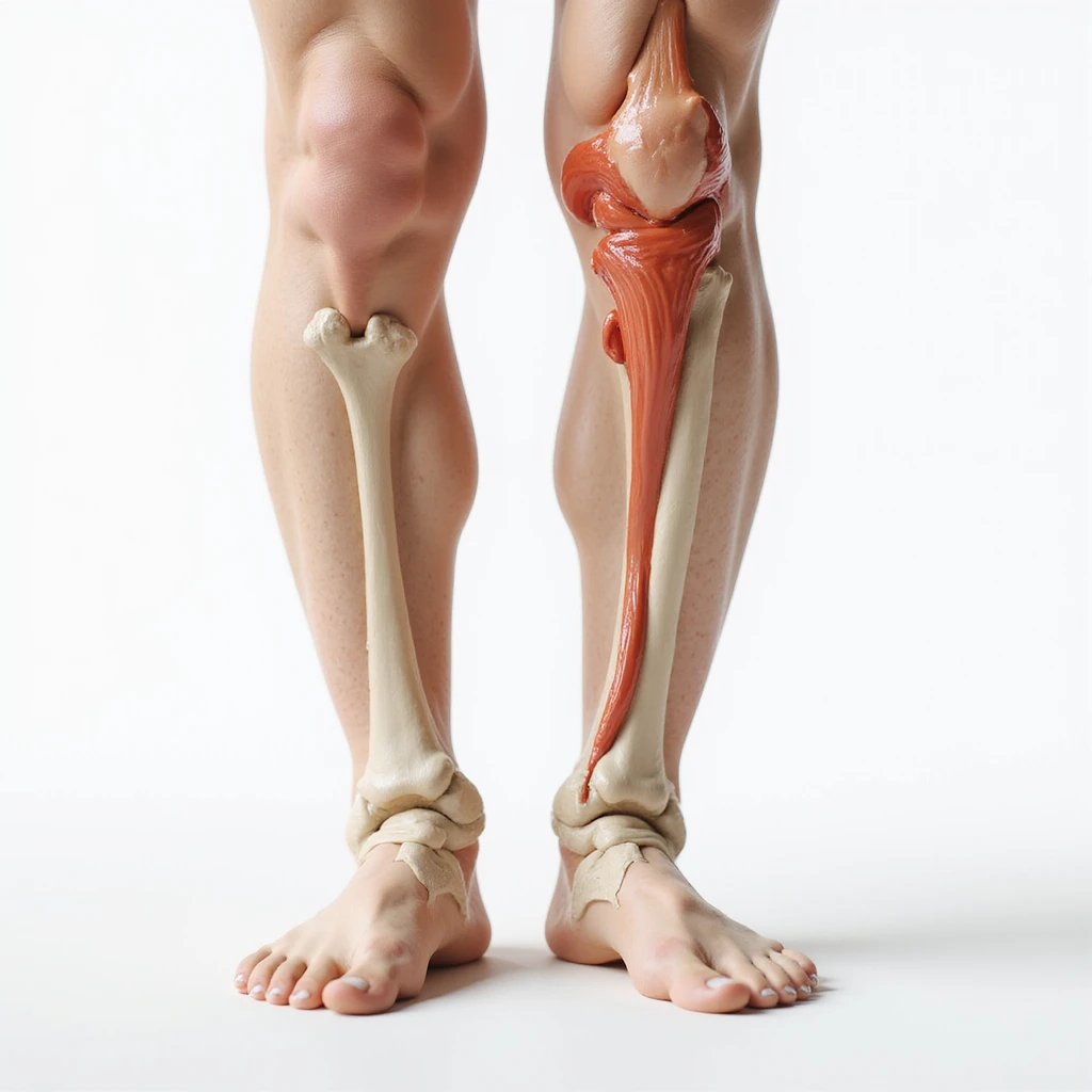 hyperrealistic 4K illustration of valgus knee, frontal view, bones and joint clearly visible, knees touching and ankles apart, white background, very evident valgus deviation, variant 5 with slightly changed hand position emoji