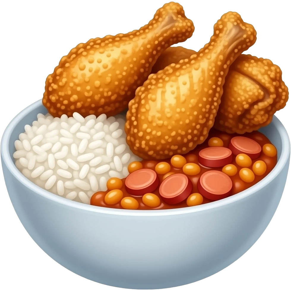 Bowl of Fried chicken wings, a scoop of white rice, and baked beans with sliced sausages emoji