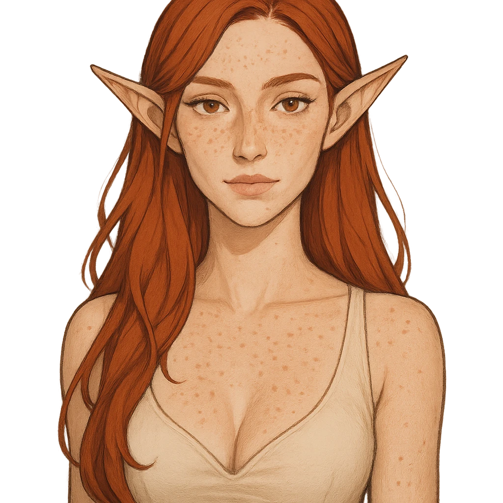 female with pointed ears, long red hair, very light brown eyes, generous chest, freckles, slender face emoji