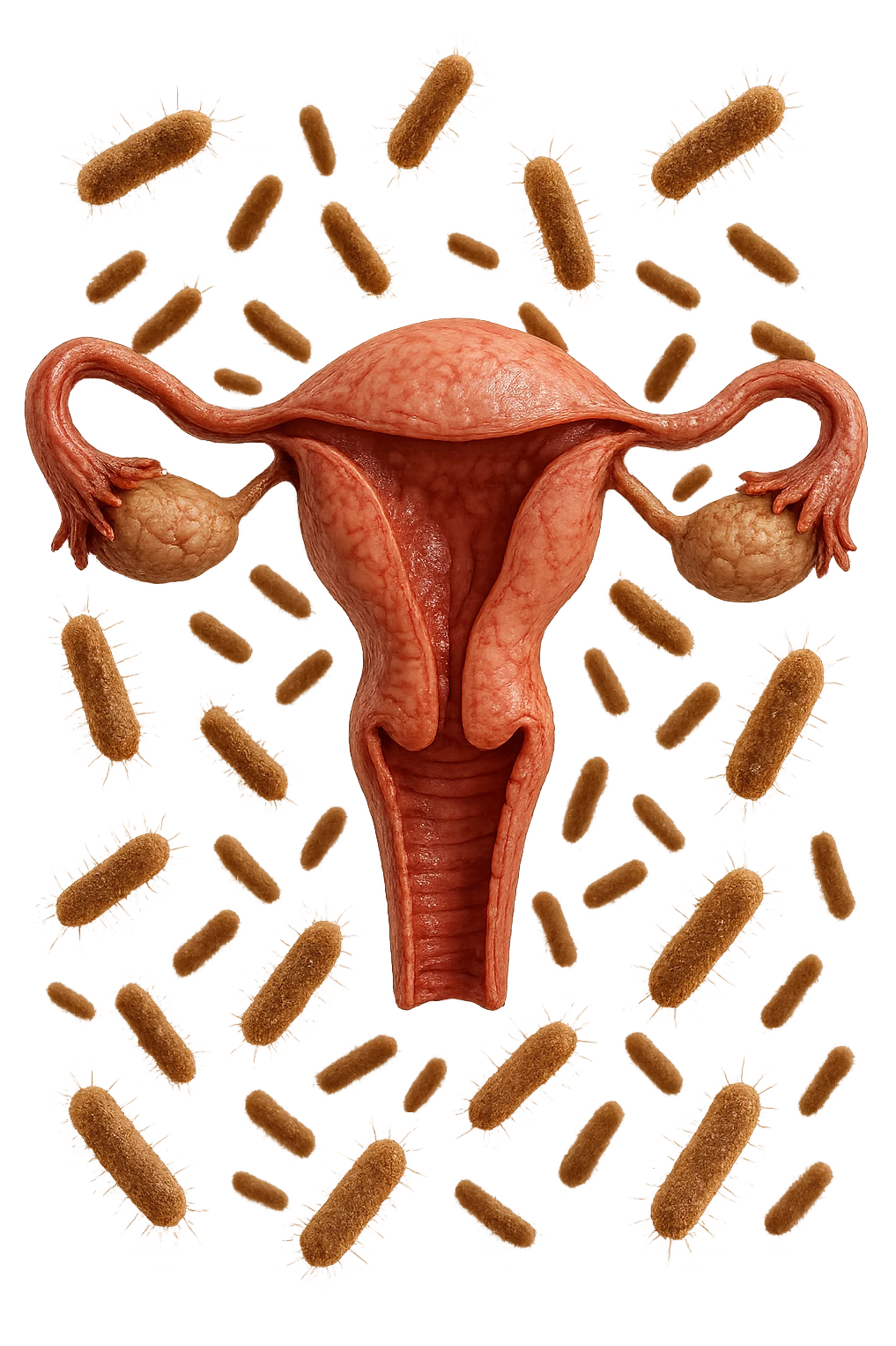 batteri intestinali fluttuano intorno ad un utero umano anatomico, iperrealistico 4k emoji