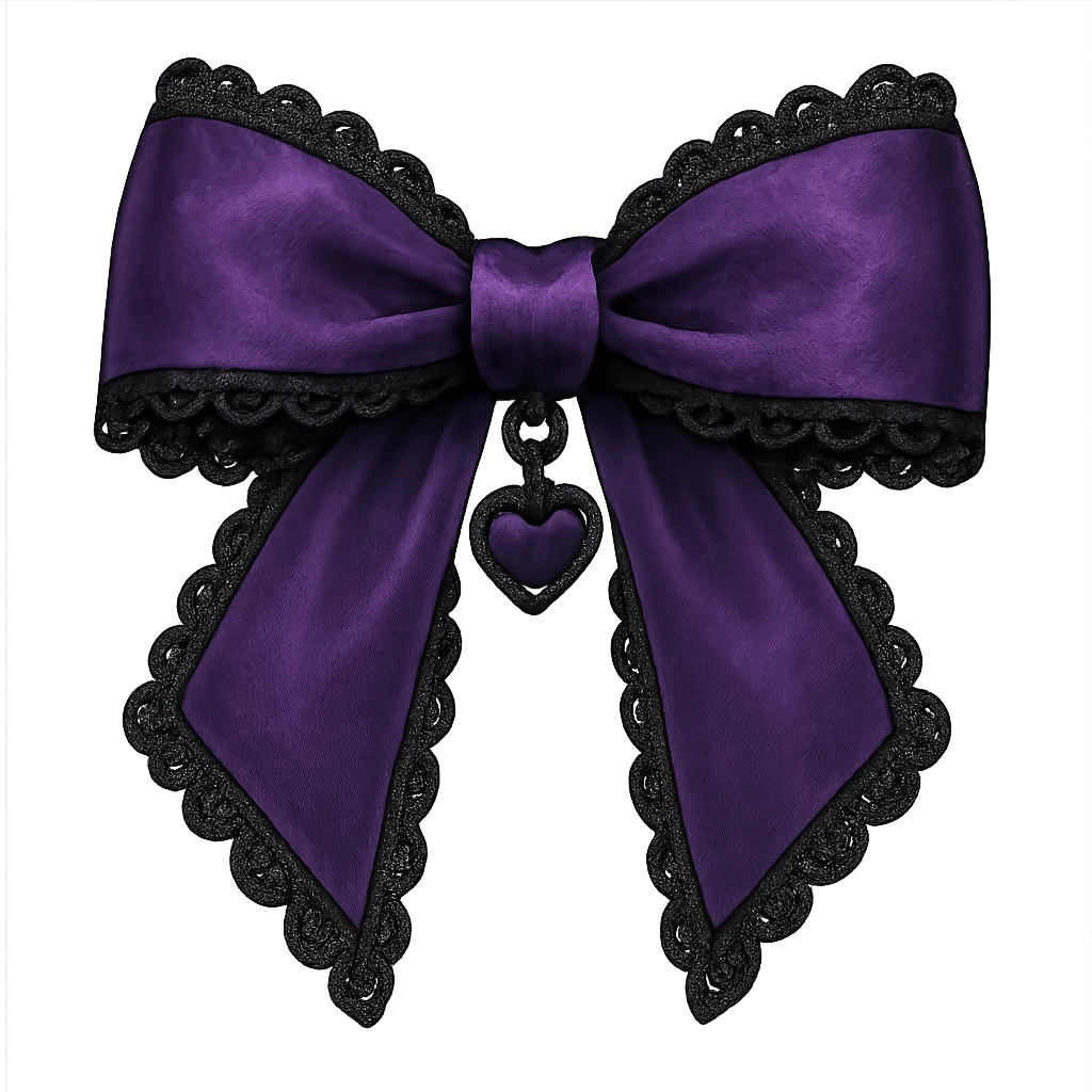 Purple gothic bow with black lace trim and heart charm, remove background emoji