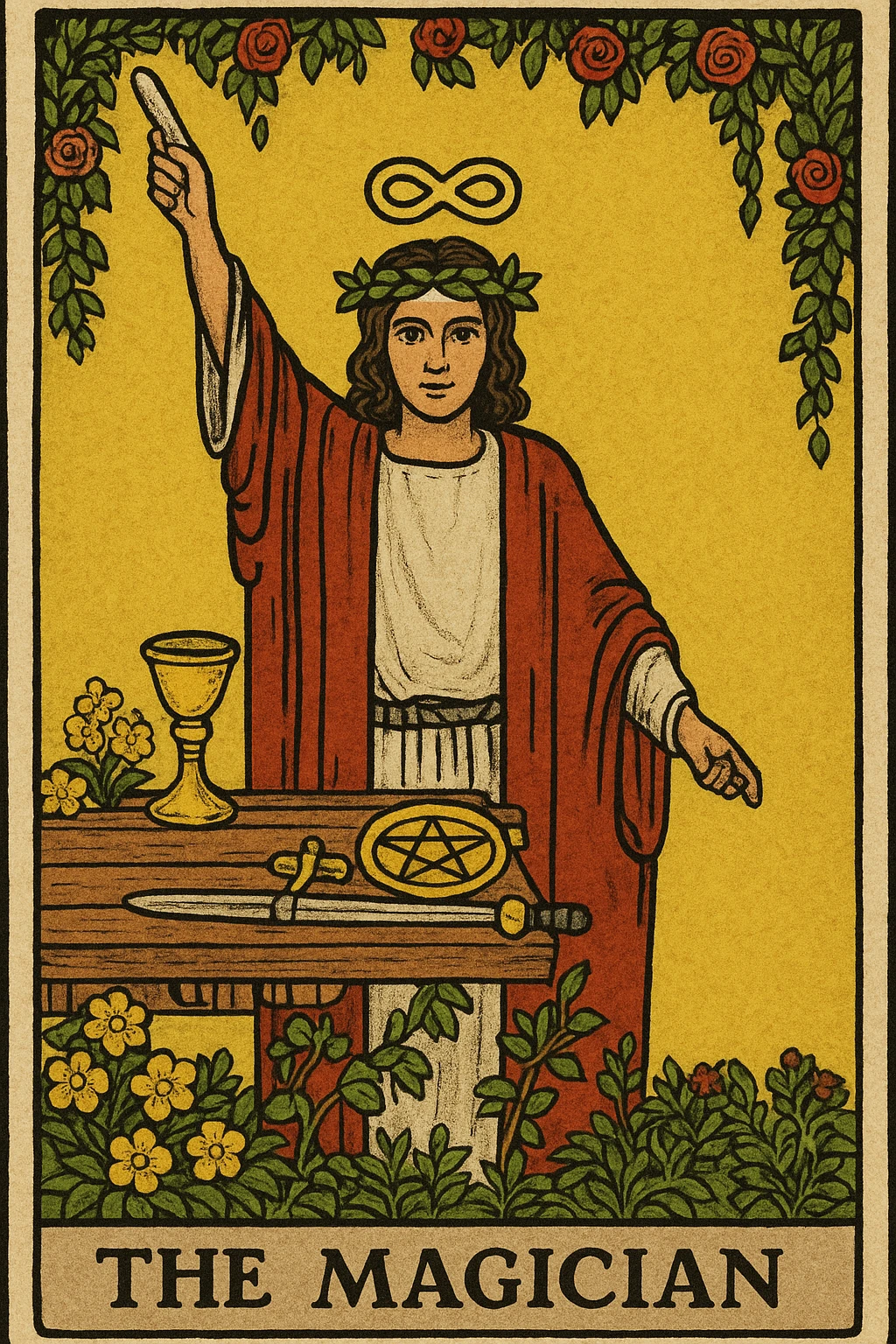 The Magician tarot card emoji in the style of Rider Waite Smith, featuring a robed figure with one hand pointing to the sky and the other to the earth, surrounded by symbols of the four suits, mystical and classic tarot illustration look emoji