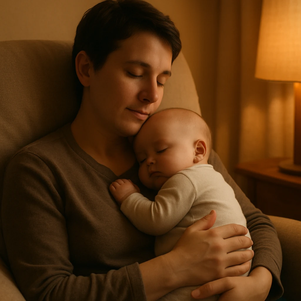 A serene moment of a parent holding a sleeping baby close to their chest, cozy chair, soft lighting, nurturing and safe environment, both look peaceful and secure. emoji