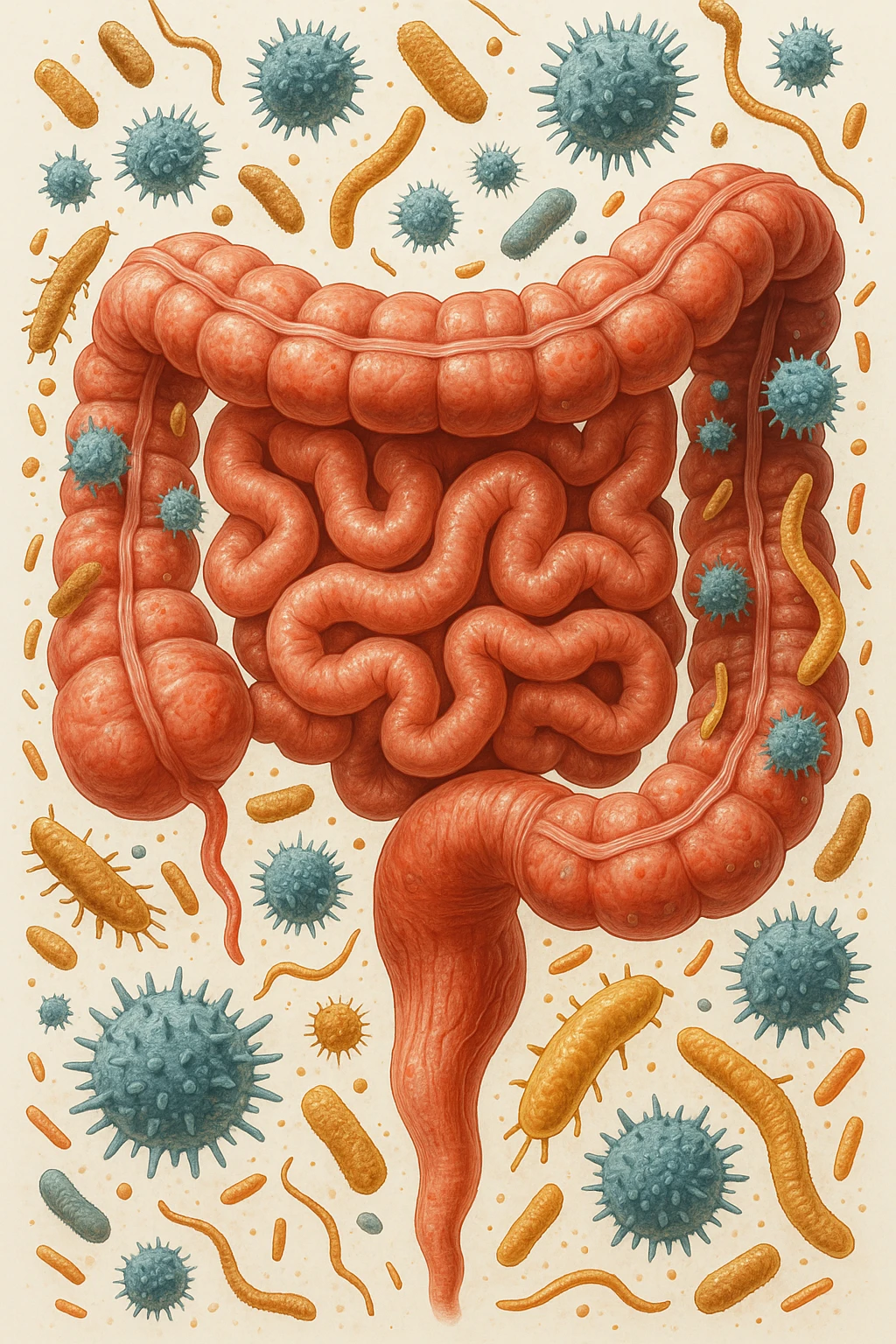 INTESTINO UMANO ANATOMICO CON BATTERI E PARASSITI INTORNO, SFONDO CHIARO NEUTRO, IPERREALISTICO 4K emoji