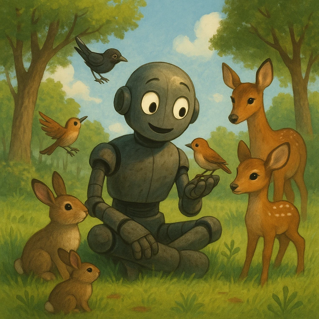 robot from The Wild Robot movie, interacting with animals in the wild, expressive face, natural environment, heartwarming mood emoji