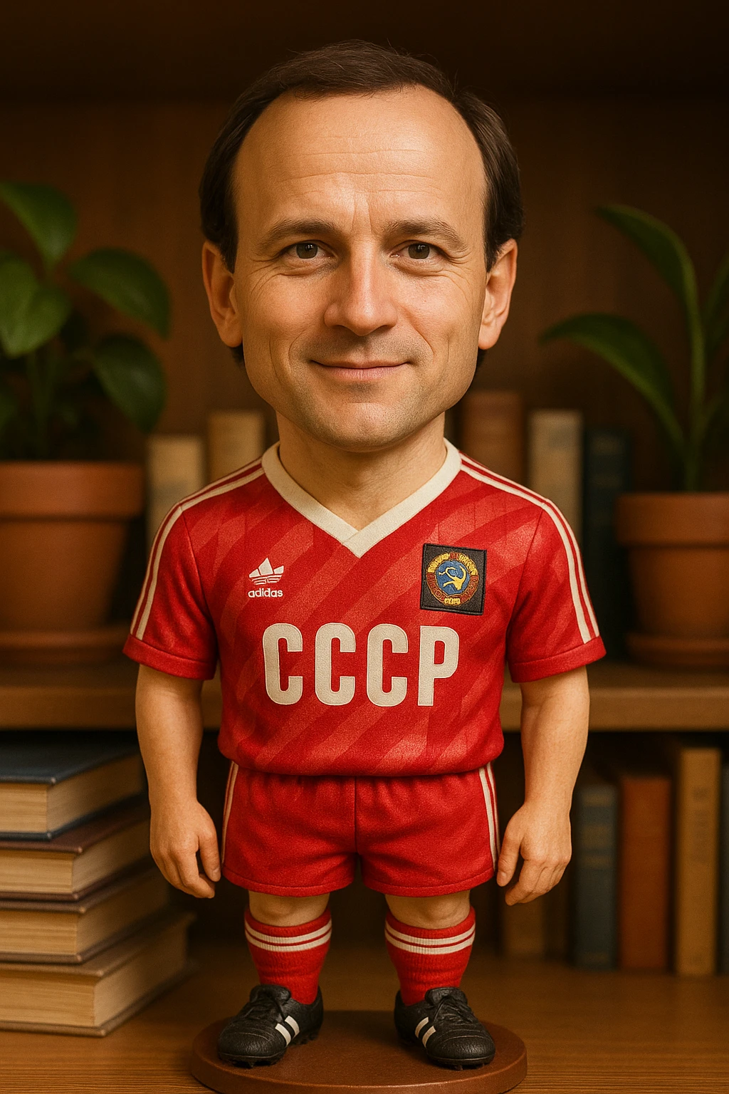 Игорь Беланов в форме сборной СССР 1986 года смотрит на прямо на зрителя и слегка улыбается, освещение с левой верхней стороны кадра emoji