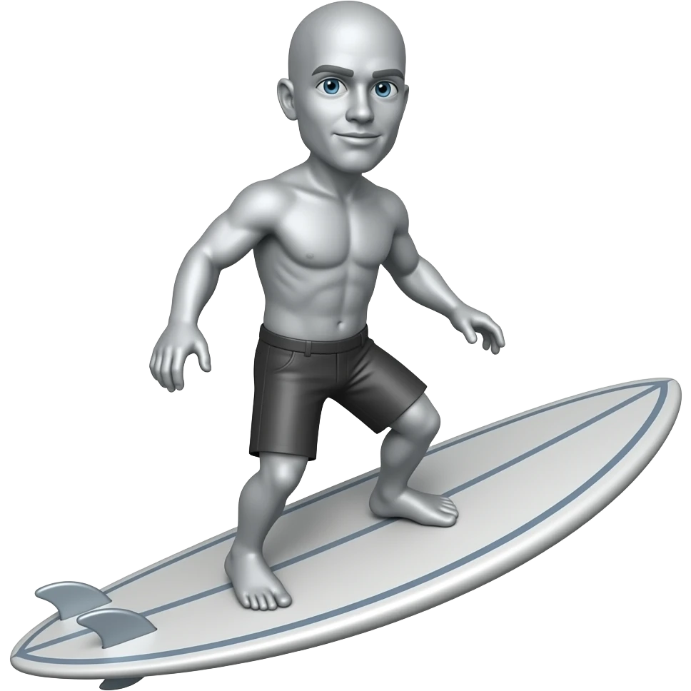 Completely silver bald man on silver surf board emoji