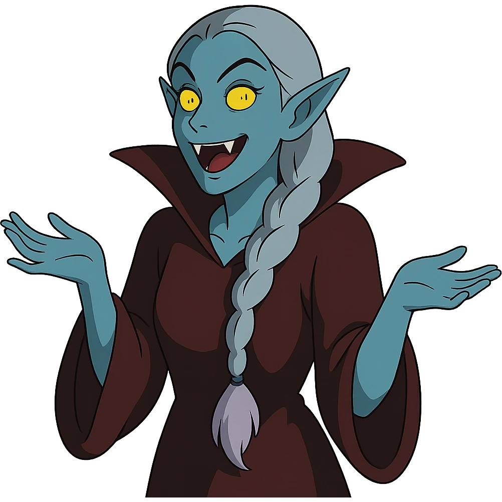 1 female, single long white braid with lavender tips. Vampire with blue skin and glowing gold yellow eyes. Meme pose emoji