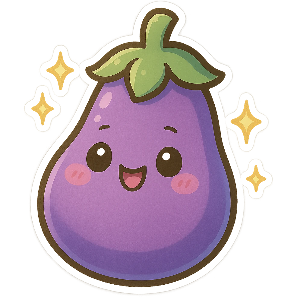 chibi sticker-style eggplant with sparkles, cute and exaggerated emoji