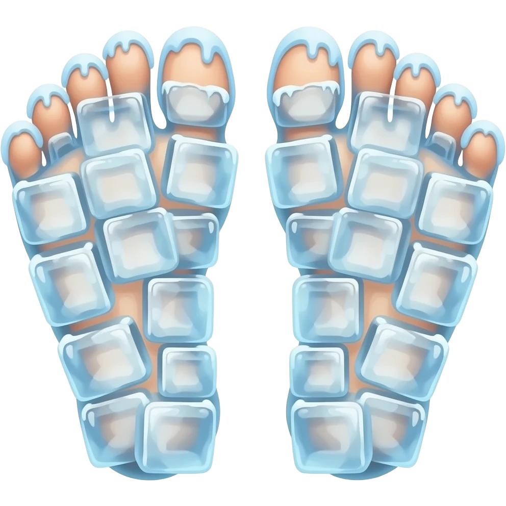 A humorous literal interpretation of “Cold Feet”.  Feet covered in ice cubes, frozen and shivering, exaggerated cartoon style, bright colors, playful, 3D illustration, funny expression. emoji