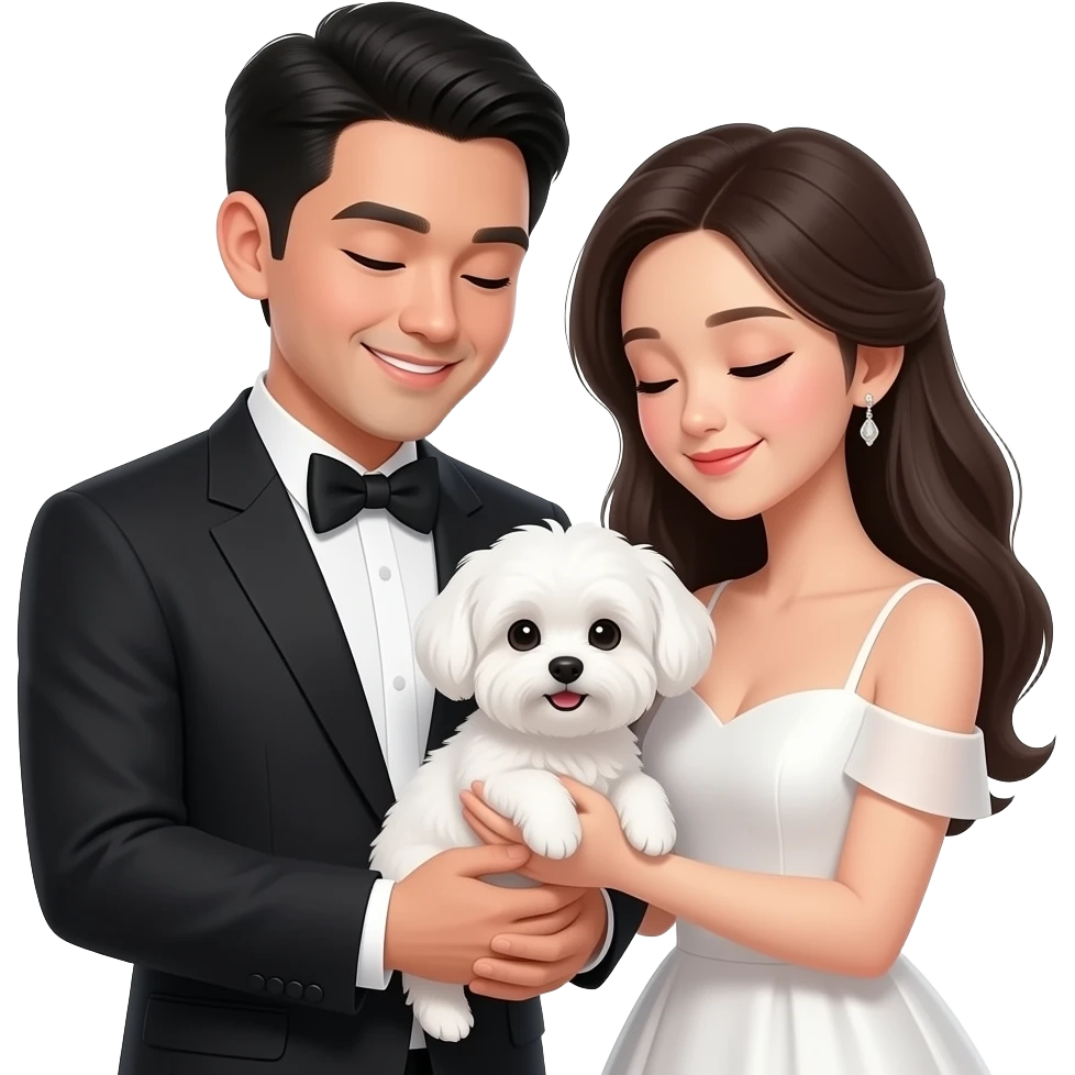 An emoji of a smiling Asian couple with their eyes open, elegantly dressed and cradling a small white Maltese; both are slightly tilting their heads toward the puppy in a heartwarming pose. emoji