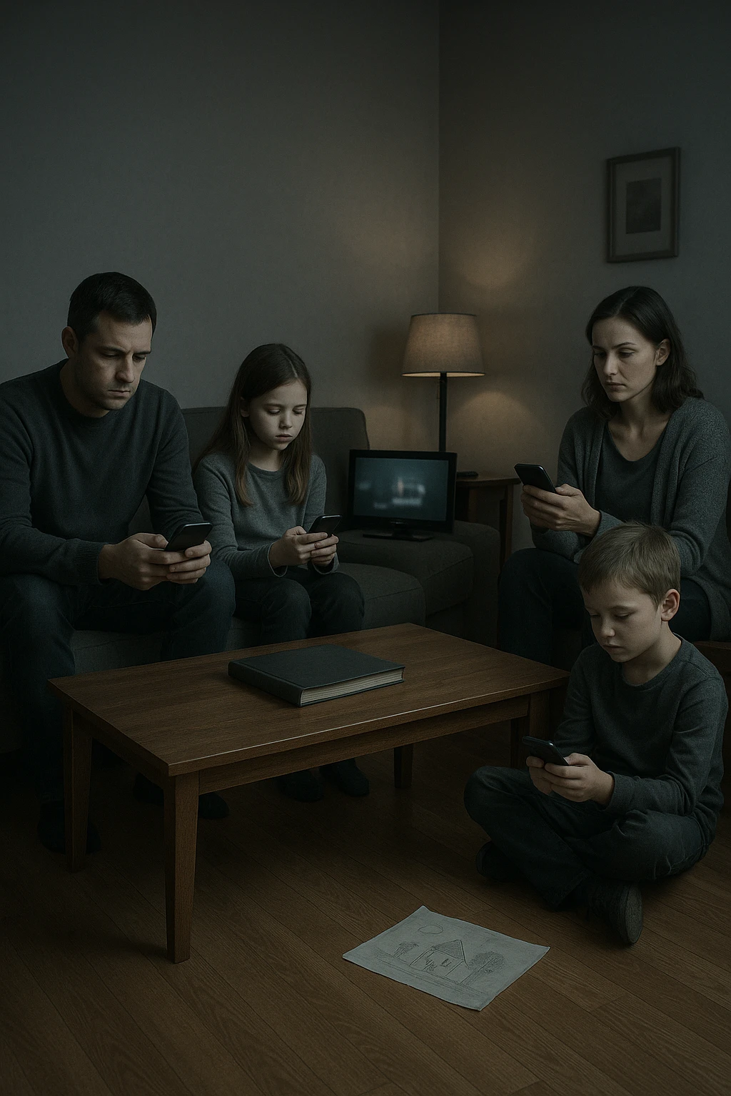 Famiglia composta da padre, madre e uno o due figli seduti nello stesso ambiente domestico (salotto o tavola da pranzo), ma ciascuno è assorto nei propri pensieri, con espressioni spente e distaccate. Nessuno si guarda o sorride. I colori dell’ambiente sono freddi e grigi, la luce è debole. Intorno a loro, simboli di disconnessione: telefoni in mano, TV accesa ma ignorata, silenzio. L’atmosfera è visivamente carente di calore emotivo. Nessun contatto fisico, postura rigida. Un dettaglio visivo come un album di foto chiuso sul tavolo o un disegno dei figli dimenticato sul pavimento accentua la mancanza di dolcezza e unione emoji