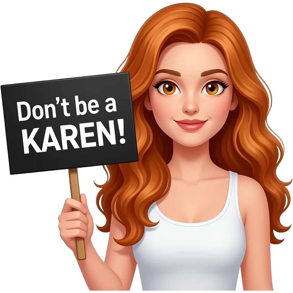 sexy girl with long wavy ginger hair and ginger eyes wearing a white tanktop is holding a black colored sign with Don't be a KAREN! written on it emoji