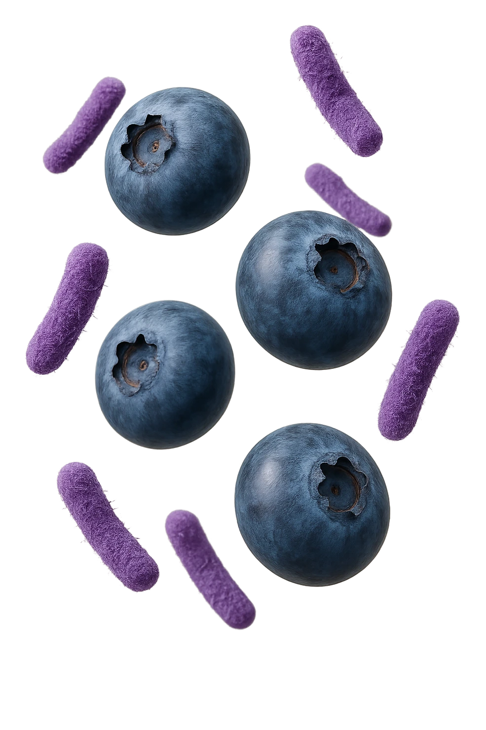 mirtilli fluttuano in aria insieme a 6 batteri intestinali viola, iperrealistico 4k emoji