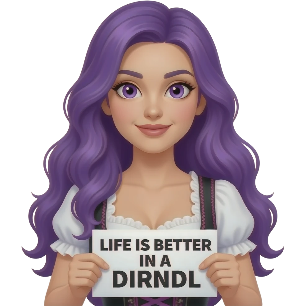 sexy girl with long purple hair and purple eyes wearing a dirndl holding a LIFE IS BETTER IN A  DIRNDL sign emoji