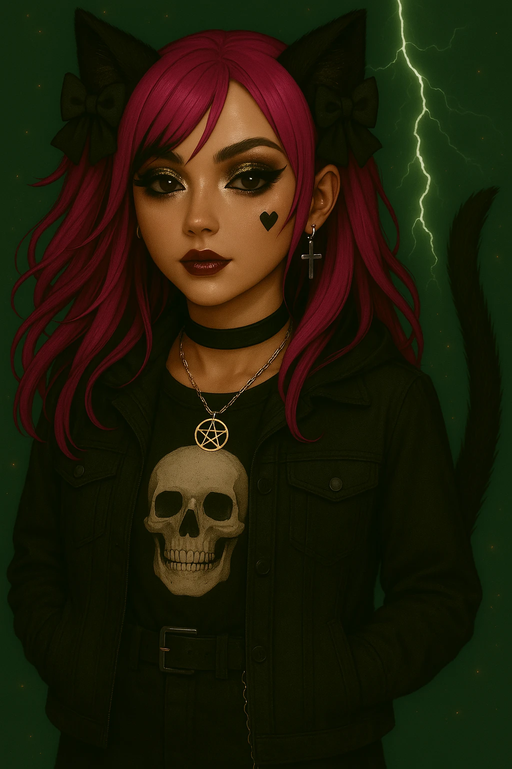 Add bold, stylish makeup with dramatic eyeliner, shimmering eyeshadow, and glossy lips to the character. Keep the heart tattoo under her left eye, maintain the modern streetwear outfit, emo style, pink hair, dark magical accessory, sparkles, and stormy background. The face should remain normal and the style should be realistic anime. emoji