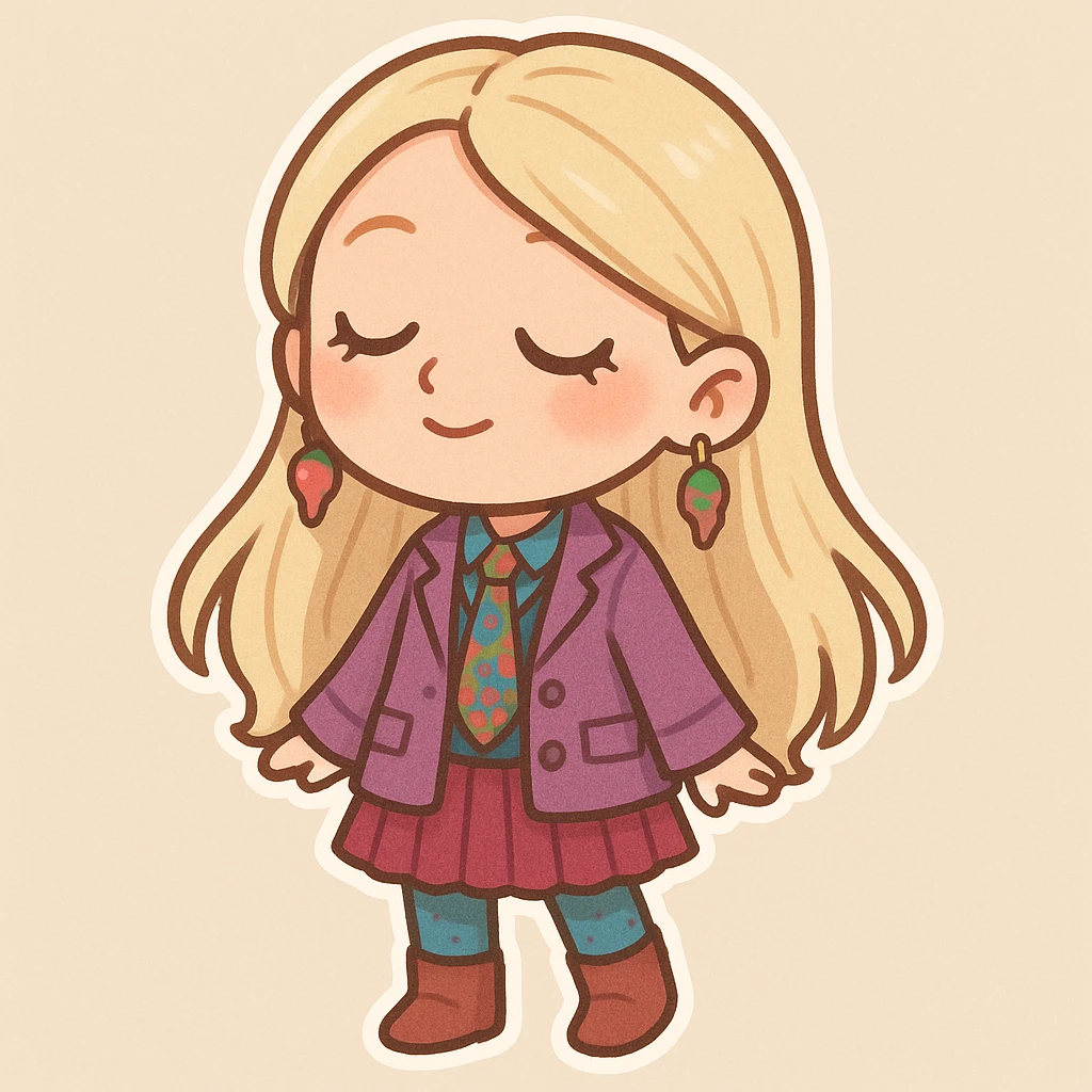 chibi sticker style character inspired by Luna Lovegood, light blonde long straight hair, dreamy expression, wearing colorful eccentric clothes, light beige background emoji
