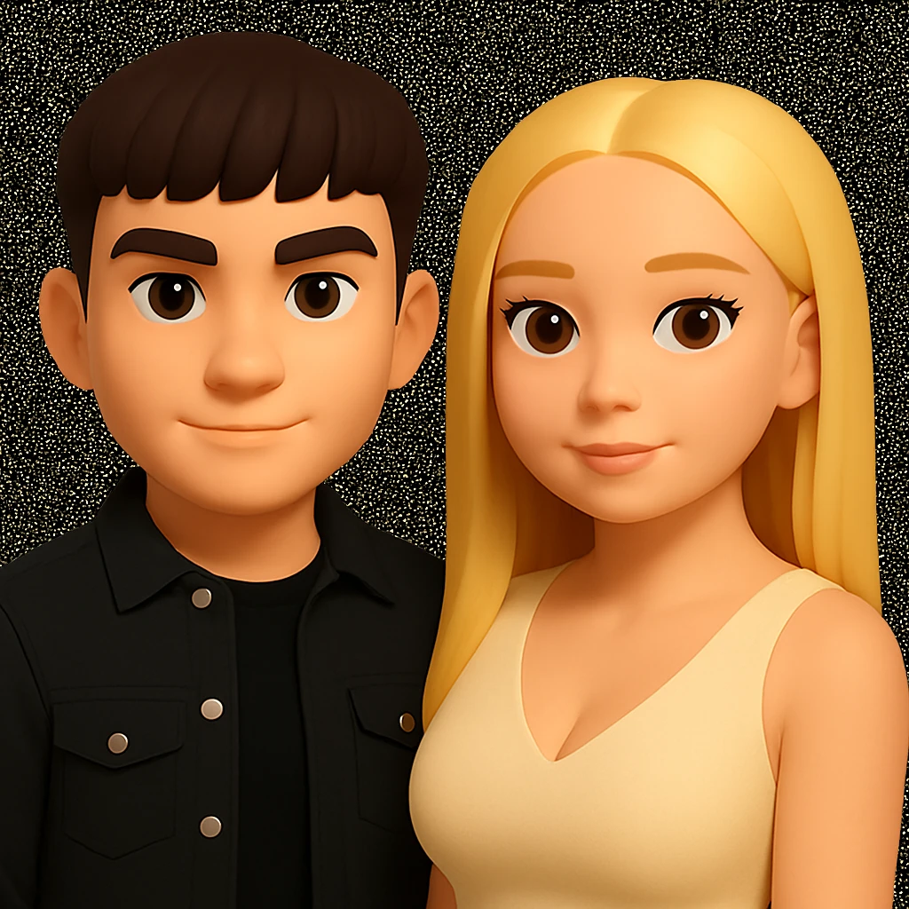 Slightly increase the volume of the upper body of the girl, slightly turn her to face forward, and make the skin color uniform. Maintain the cartoonish 3D style as in the reference image. emoji